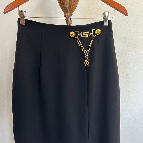 Top World Size M Black Gold-Tone Chain-Link Embellished Front Slit Maxi Skirt - Picture 4 of 8